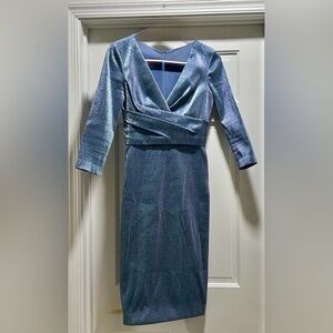 Theia Shimmering Blue Wrap Midi Dress - Size 6
